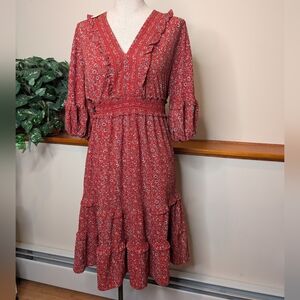 Max Studio Red Floral Ruffle Midi Dress Women’s Medium NWT